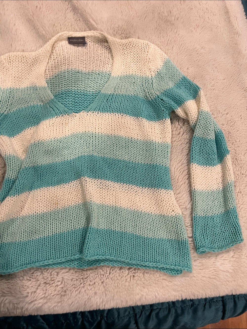 Striped V-Neck Sweater in Aqua /teal and white